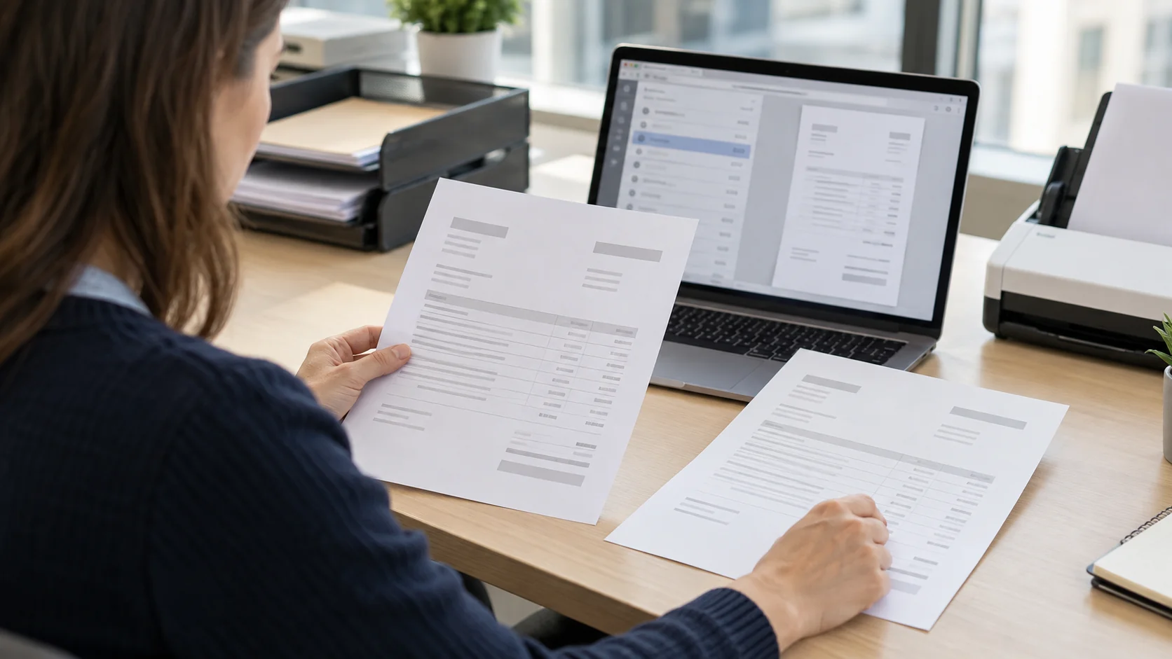Specjalistka Accounts Payable porównuje dwie kopie dokumentu z kolejką wpływających faktur na laptopie